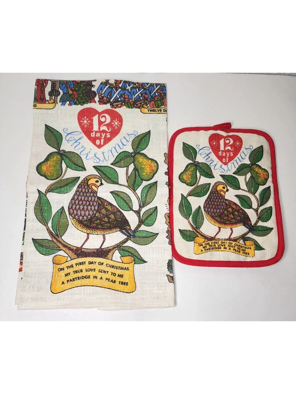 Vintage Tea and Pot Holder Linen Partridge In A Pear Tree 12 Days of Christmas